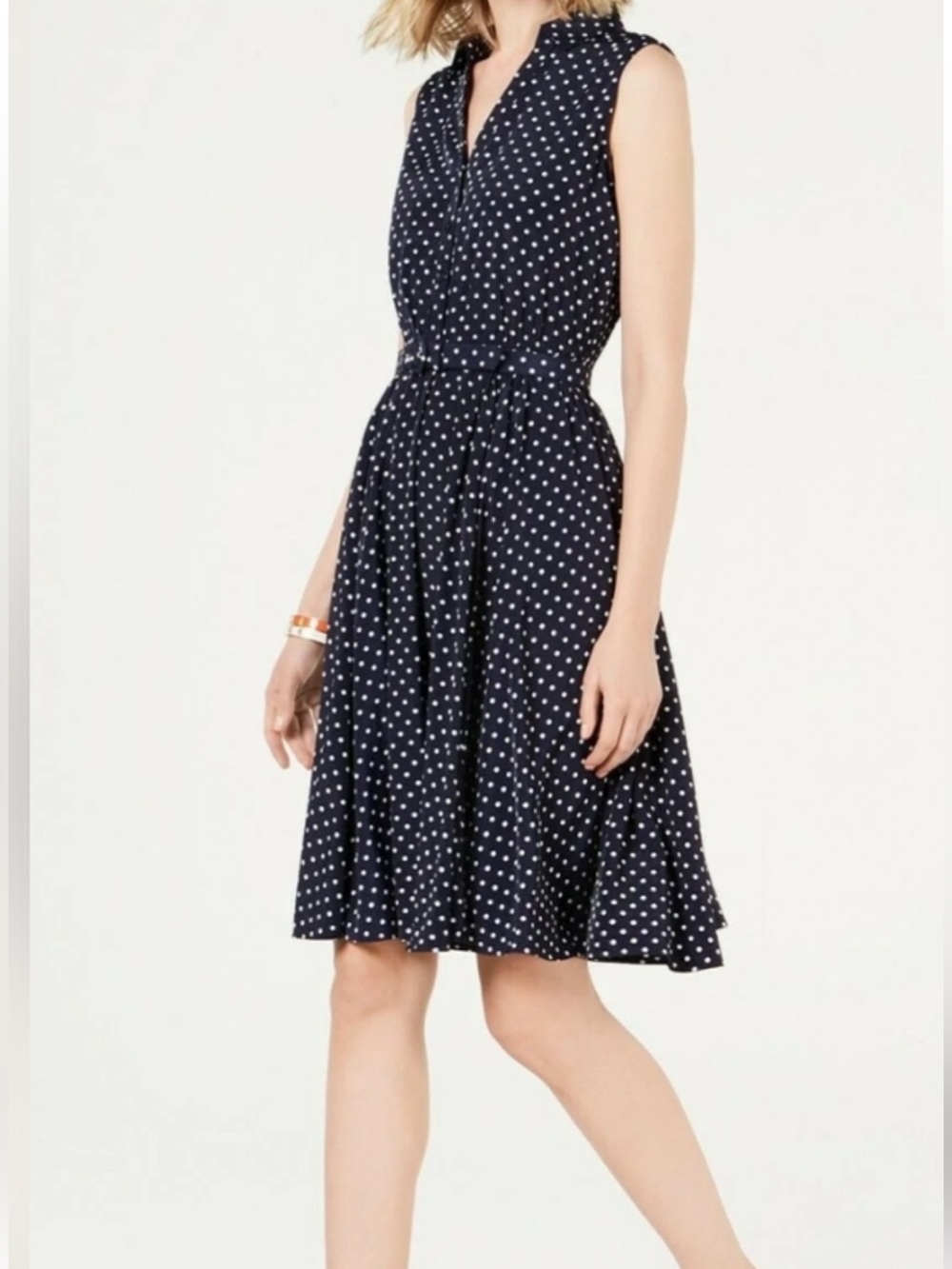 Charter Club Navy Polka Dot Belted Midi Dress Size 8
